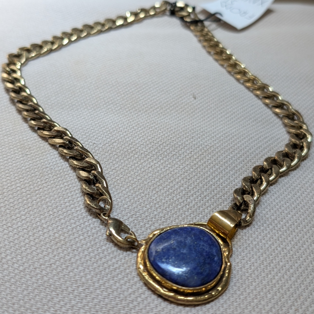 Gold and Blue Lapis Lazuli Necklace with Circular Pendant